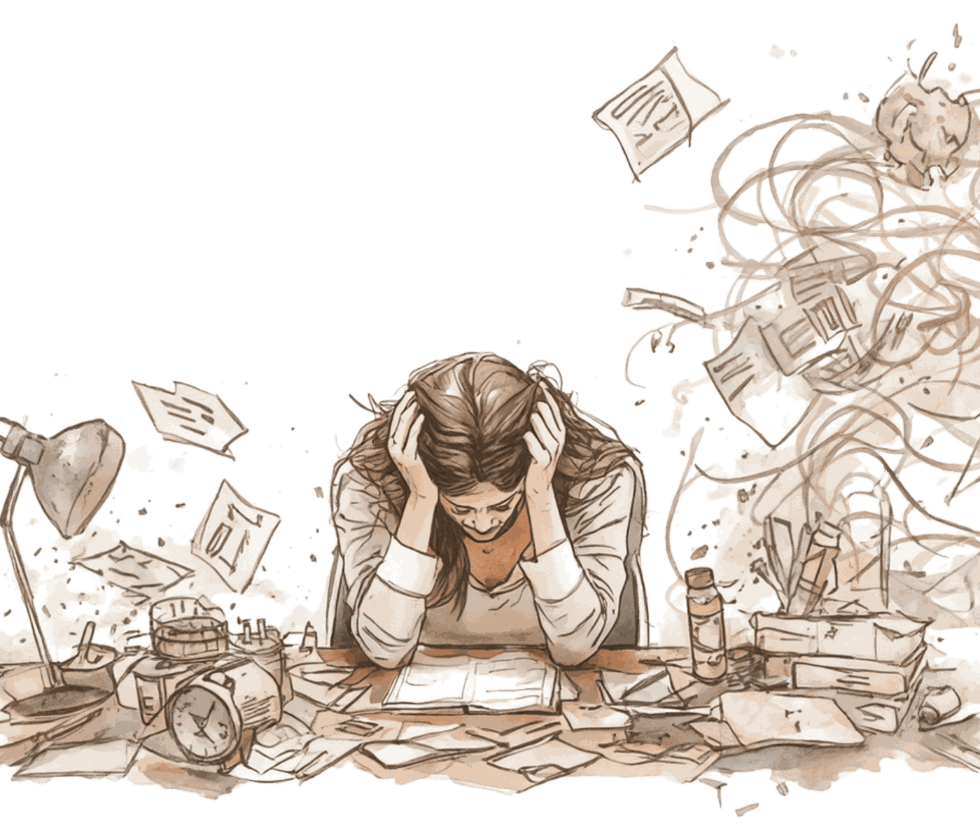 Erschöpfte Mutter zwischen Papierbergen